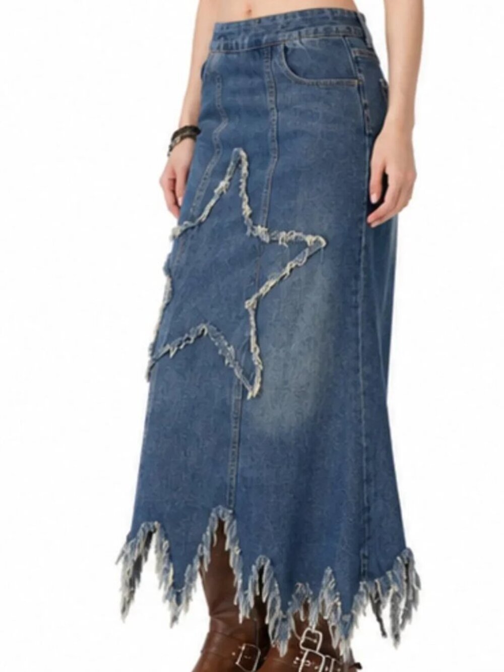 Distressed Star Denim Skirt With Pockets